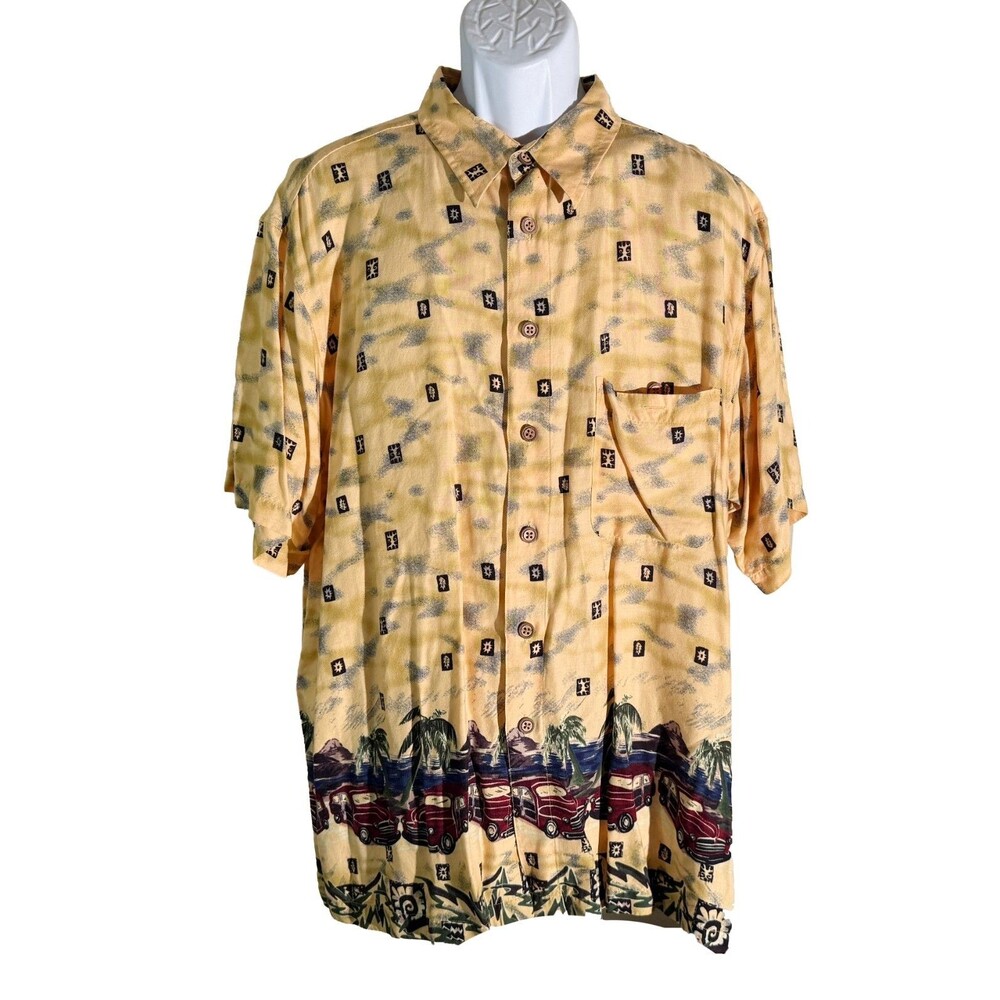Chereskin Mens Yellow Button Up Hawaiian Classic Car‎ Palm Rayon Shirt Large